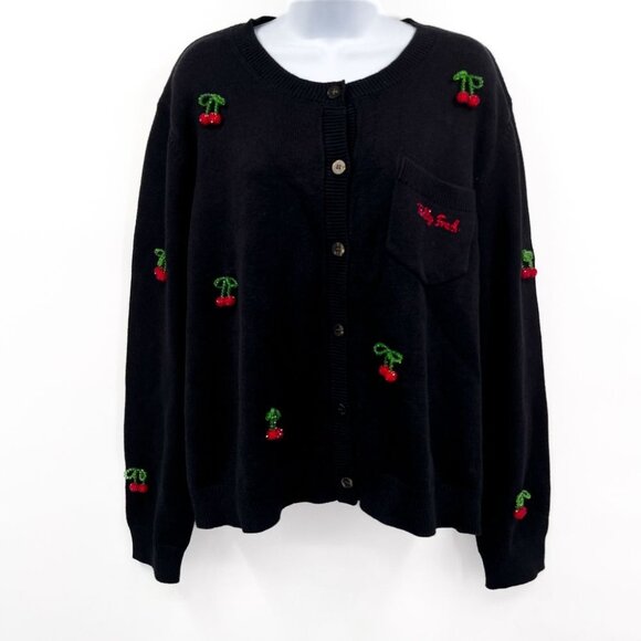 Teddy Fresh Cherry on Top Beaded Cardigan Sweater Top Black Red 3X Cherries - Picture 4 of 13